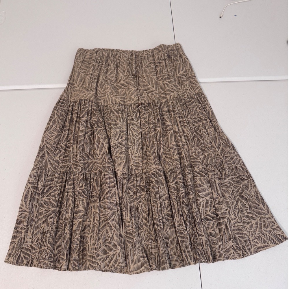 White Stag Tan Leaf Print Tiered Peasant Midi Skirt Boho Cottagecore L 12-14 oo